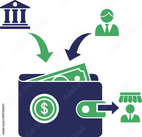 Wallet with money flows from bank and investor to recipient vector illustration