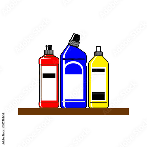 Three bottles of cleaning liquid stand together on a brown shelf