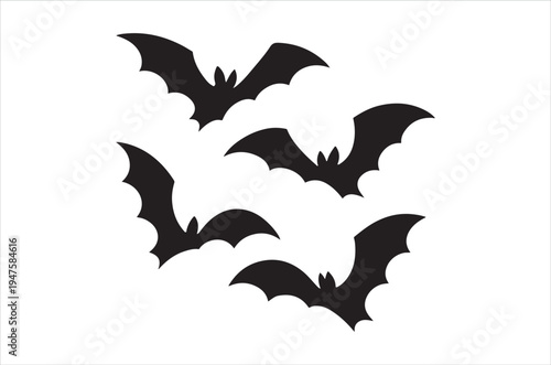 Four black silhouettes of bats in flight against a plain white background