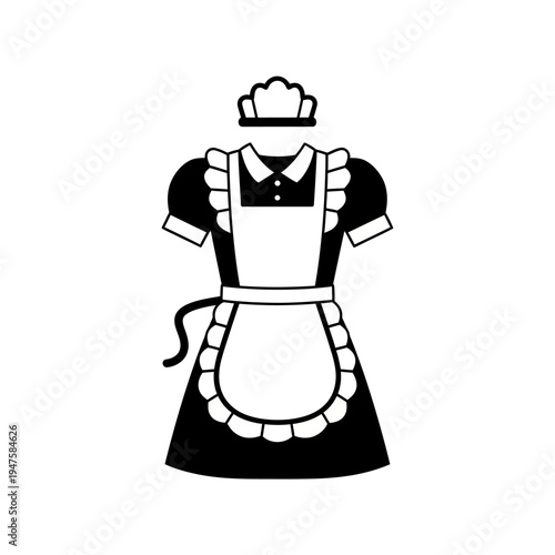 A black and white illustration of a classic maid uniform with a headpiece
