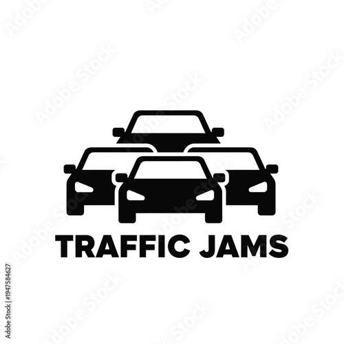 A black and white graphic depicts several cars stacked atop each other illustrating the concept of frustrating traffic congestion and delays high quality professional detailed modern