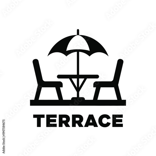 A simple black and white graphic depicts a terrace setting with two chairs a small table and a central parasol above high quality professional