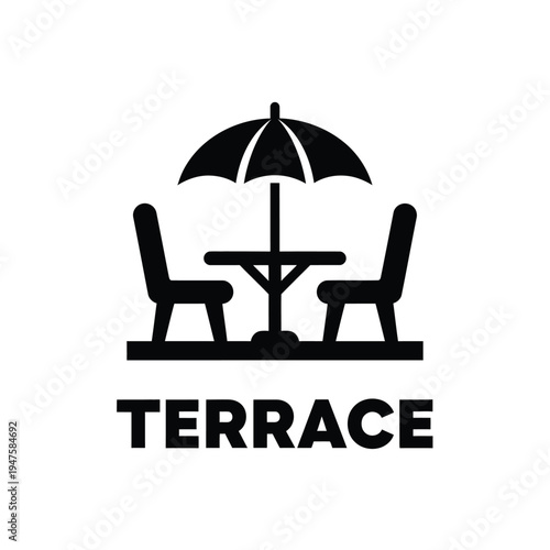 A simple black icon depicts a terrace setting with two chairs a small table and a protective umbrella overhead high quality professional detailed modern