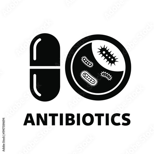 A black and white graphic depicts a capsule and petri dish with bacteria accompanied by the word antibiotics below high quality professional detailed modern