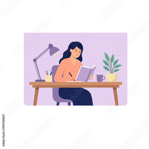 Woman sitting at desk studying with book and lamp on table indoors