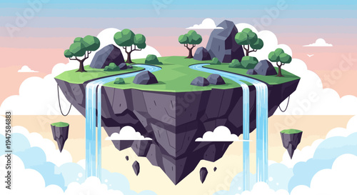 Photos Floating Island Landscape with Waterfalls and Trees.