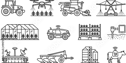 Black and white vector illustration set of modern agriculture tools and farming technology. Collection of farming equipment such as tractor, agricultural drone, irrigation system, greenhouse