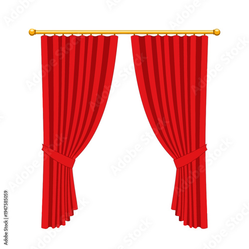 A pair of vibrant red curtains with gold tiebacks isolated on white