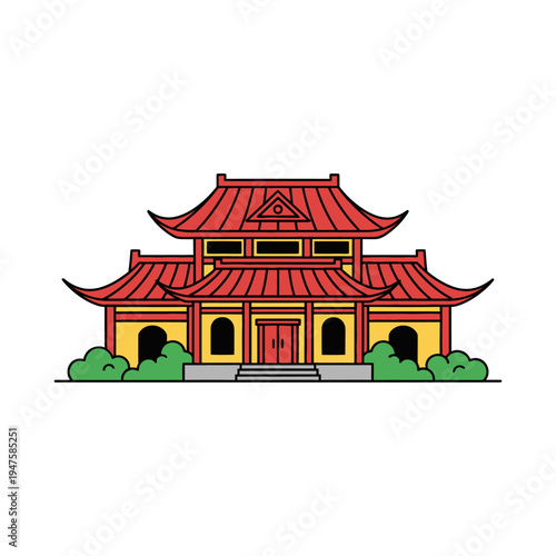 Colorful illustration of a traditional asian temple with curved rooftops