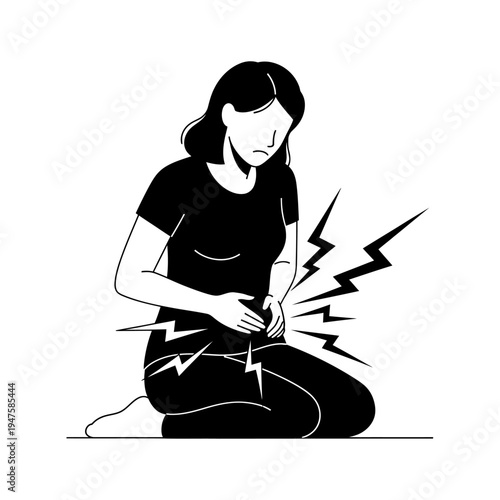 Woman experiencing abdominal pain clutching her stomach in distress