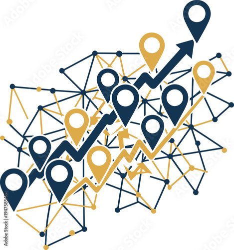 Business growth and expansion concept with location pins and connecting lines