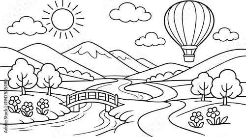 Black and white of hot air balloon flying over mountain landscape with bridge and river