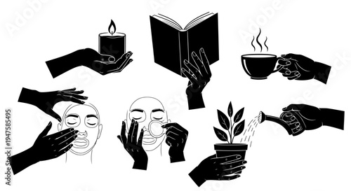 Hands interacting with face and objects.