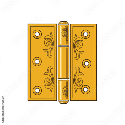 Detailed illustration of a golden door hinge with ornate floral designs