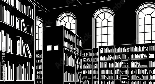 Large library bookshelves with books.