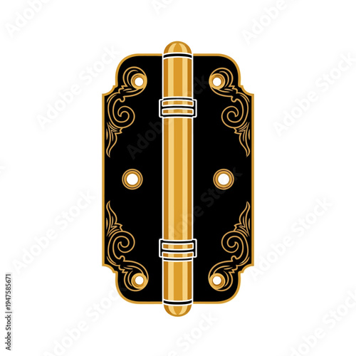 Ornate golden hinge with black backing and decorative floral elements