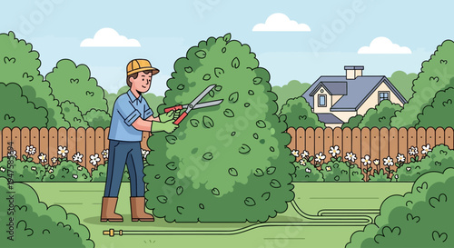 Gardener trims a large green bush with shears in a sunny backyard.