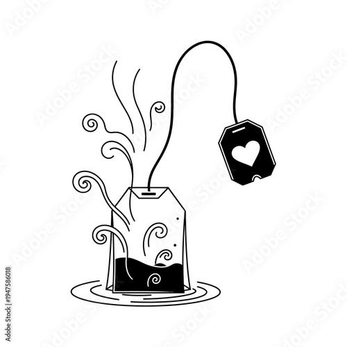 A black and white illustration of a teabag steeping in hot water