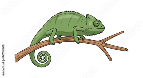 Green Chameleon Sitting on a Branch with Swirled Tail.