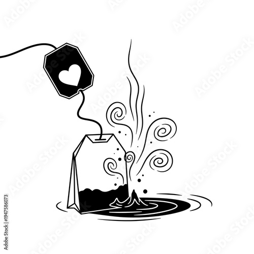 A black and white illustration of a teabag steeping in water