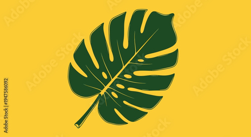 Green Monstera Leaf Illustration on Yellow Background.