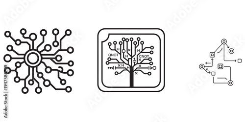 Set of three abstract graphic icons representing digital circuits and networks