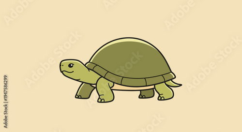 Green tortoise illustration with a hard shell and small legs, walking slowly.