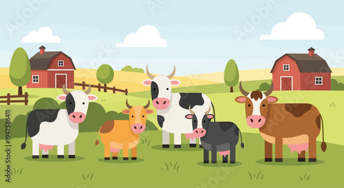 Group of Colorful Cartoon Cows Standing Together.