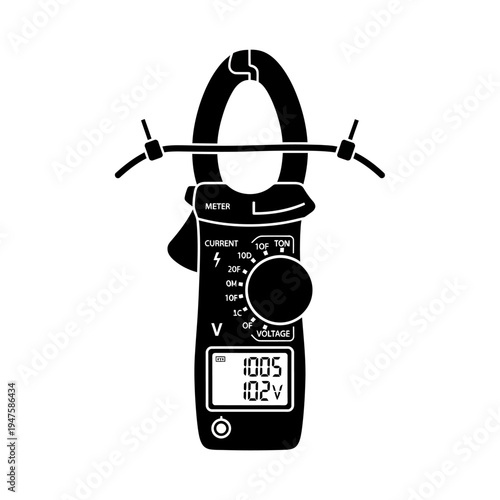 Black and white illustration of a clamp meter measuring electrical current