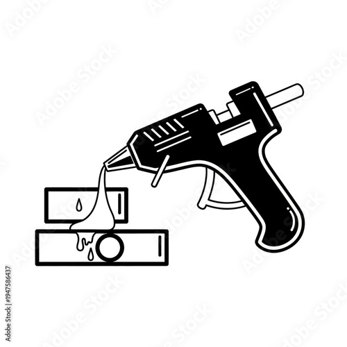 Black and white illustration of a hot glue gun with glue sticks