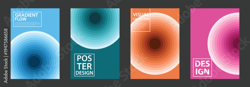 A collection of vibrant poster designs with gradient flow and visual elements on a dark background