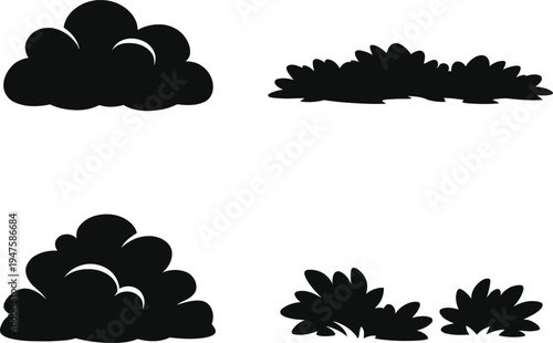 Black cloud and bush silhouettes on white background clouds bushes