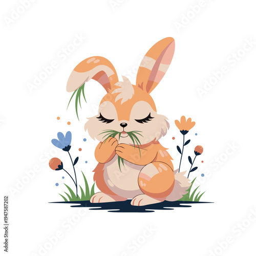 A cute cartoon rabbit sitting in a field of flowers eating grass