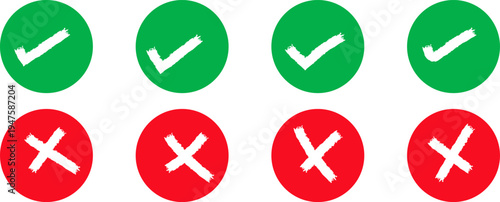 Hand Drawn Grunge Check Mark and Cross Sign Set Correct and Incorrect Symbols