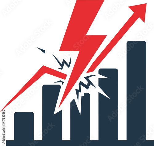 Lightning bolt striking bar chart as symbol of market crash or financial crisis