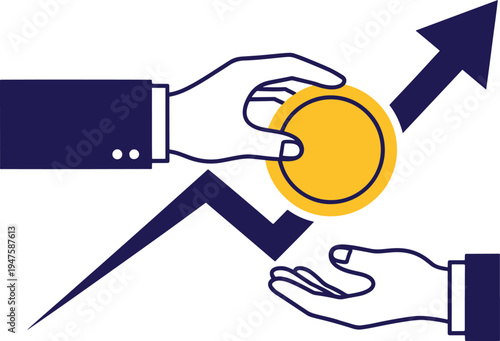 Financial growth investment success up arrow gold coin hands blue purple