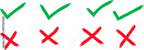 Hand Drawn Grunge Check Mark and Cross Sign Set Correct and Incorrect Symbols