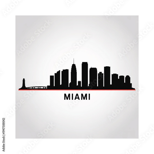 Silhouetted skyline of miami with a red base and city name