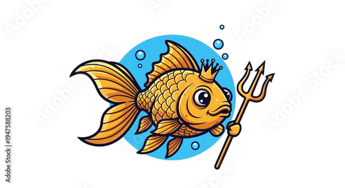 Cartoon Goldfish Holding Trident Pose.