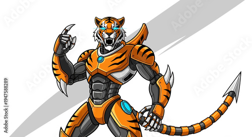 Futuristic Tiger Robot Character Design Illustration.