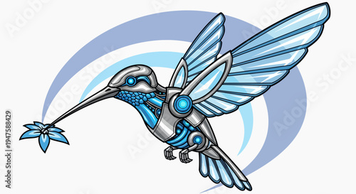 Robot Hummingbird with Flower in Beak Flying.