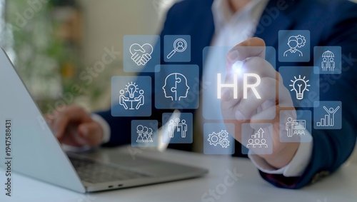 Digital Human Resources Management System. Selecting HR icon on a digital interface showing recruitment, teamwork, training, leadership and employee development. Advance human resource management.