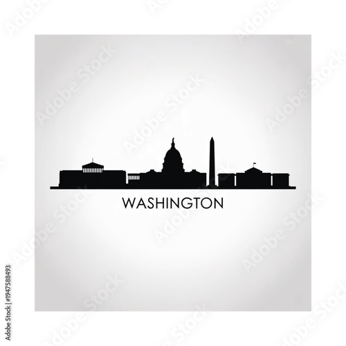 Washington dc skyline silhouette with iconic monuments and city name