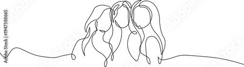 A minimalist line drawing of three people connected by a continuous line