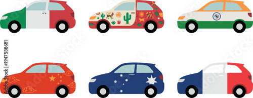 Classic Compact Car Set with National Flag Designs and Country Symbols

