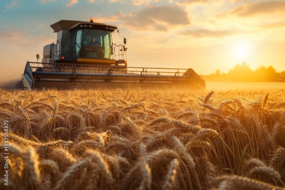 Fototapeta premium Combine harvester working in a wheat field during sunset in late summer