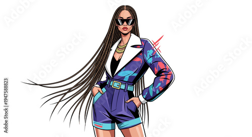 A cartoon woman with long hair wearing sunglasses and colorful outfit.