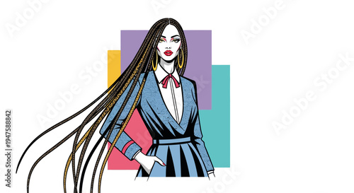 A woman with long hair in a blue dress.