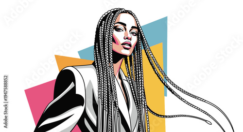 Woman with long braids and colorful background.