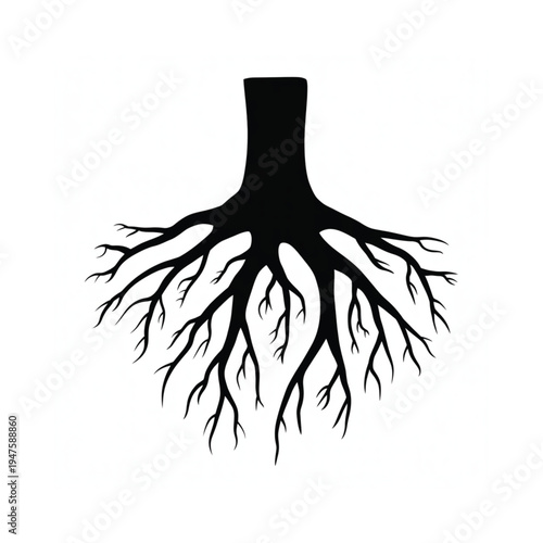 Stylized black tree roots with a truncated trunk on a white background